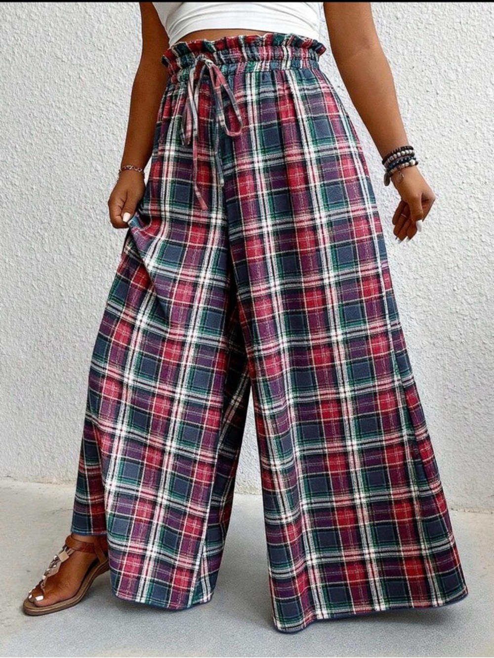 High-Waist Wide-Leg Plaid Pants - Red & Green